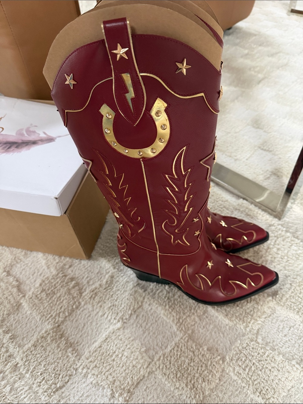 Jessica Simpson Red Western Heeled Cowboy Boots with Gold Accents - Picture 3 of 5